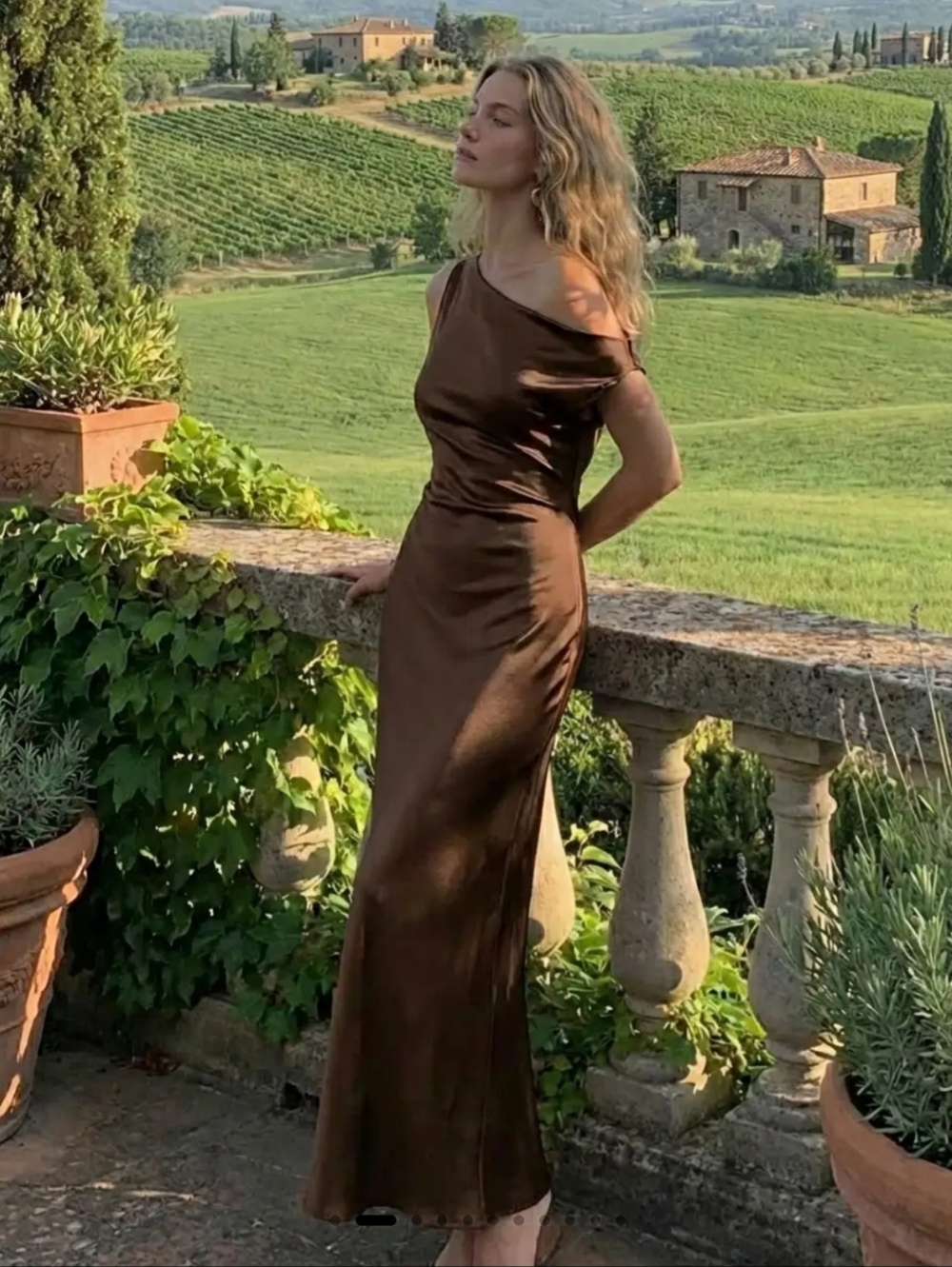 Cider Satin Asymmetrical Neck Backless Maxi Dress.
